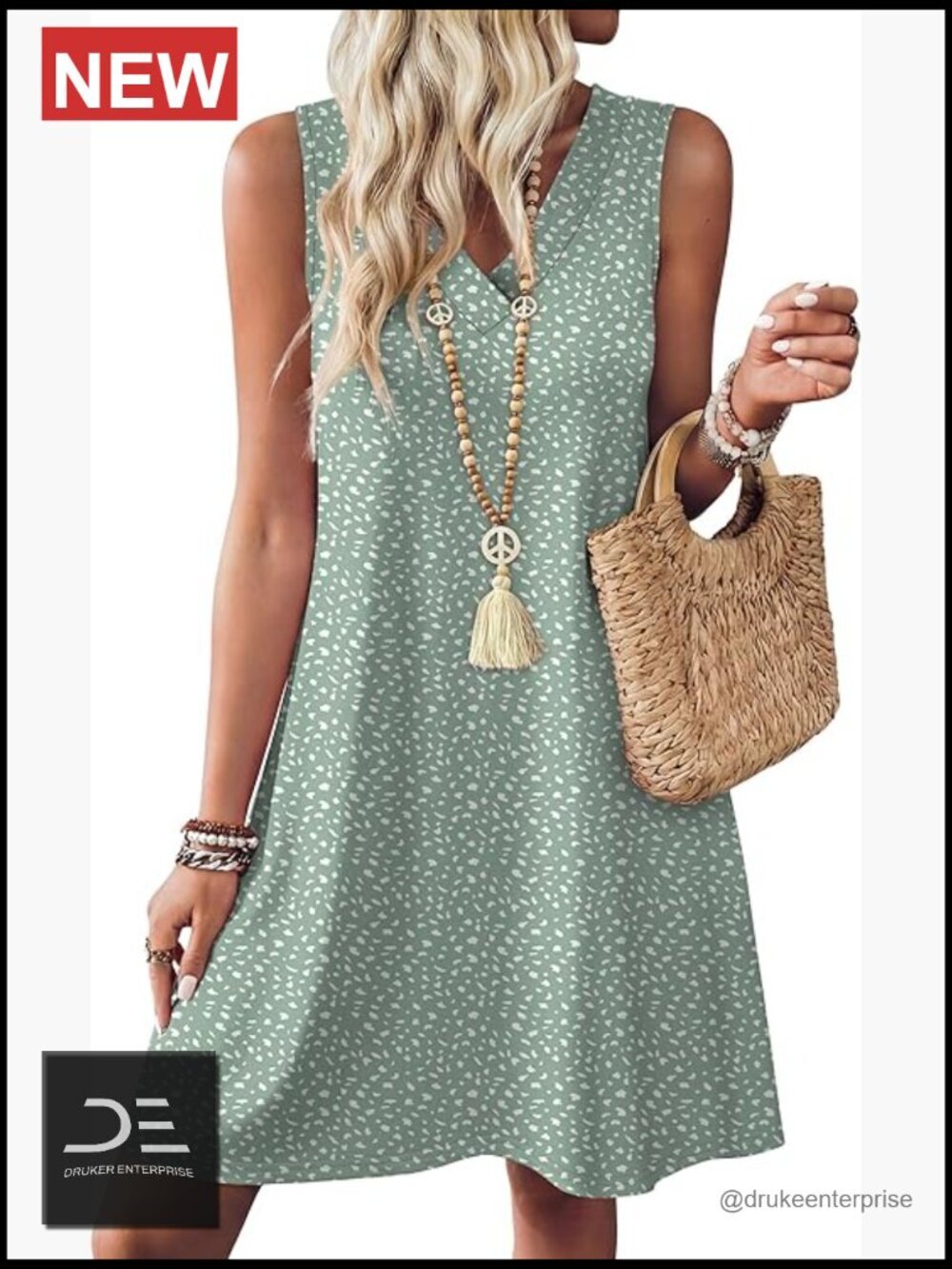Boho Sundress Women V-Neck Sleeveless A-Line Mini Pockets
